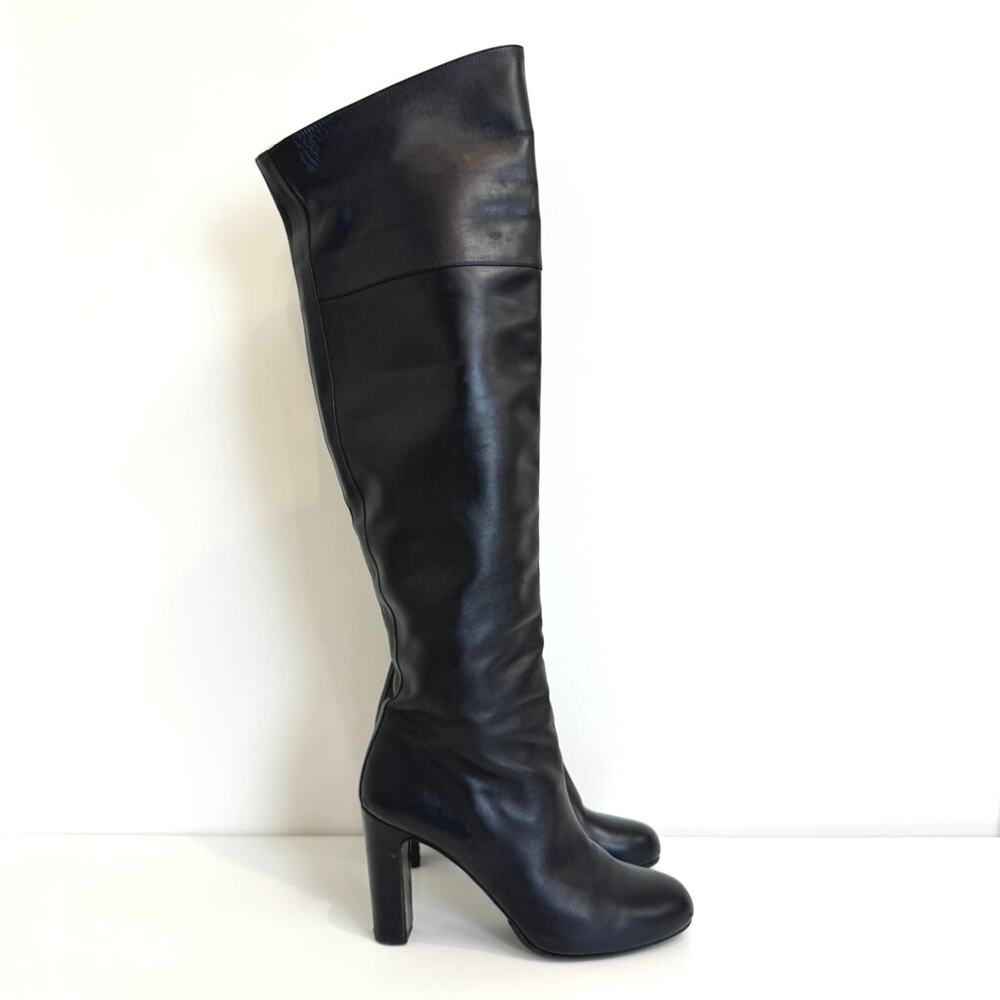 HERMES Black Leather Block Heel Knee High Boots 38 Almond Toe Bootie Shoes